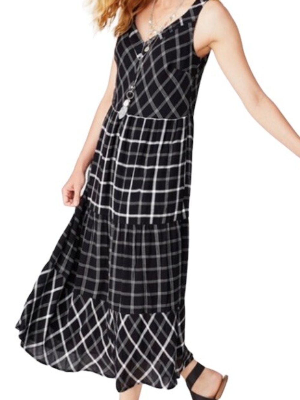 J. Jill Black and White Windowpane Tiered Maxi Dress With Pockets